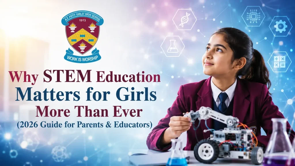 Girl working with the tech robot and scientific materials