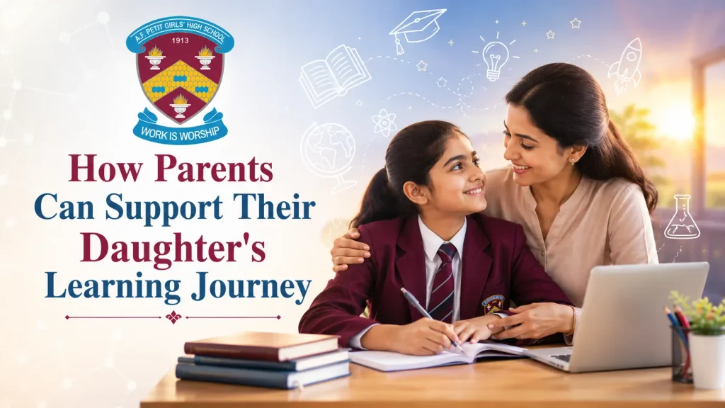 Mohter sitting with her daughter while she is studying